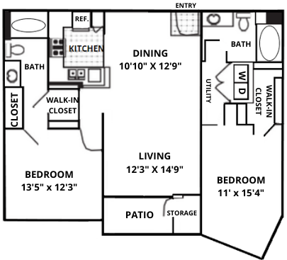 Floor plan for 2 beds, 2 baths, 1123 sqft